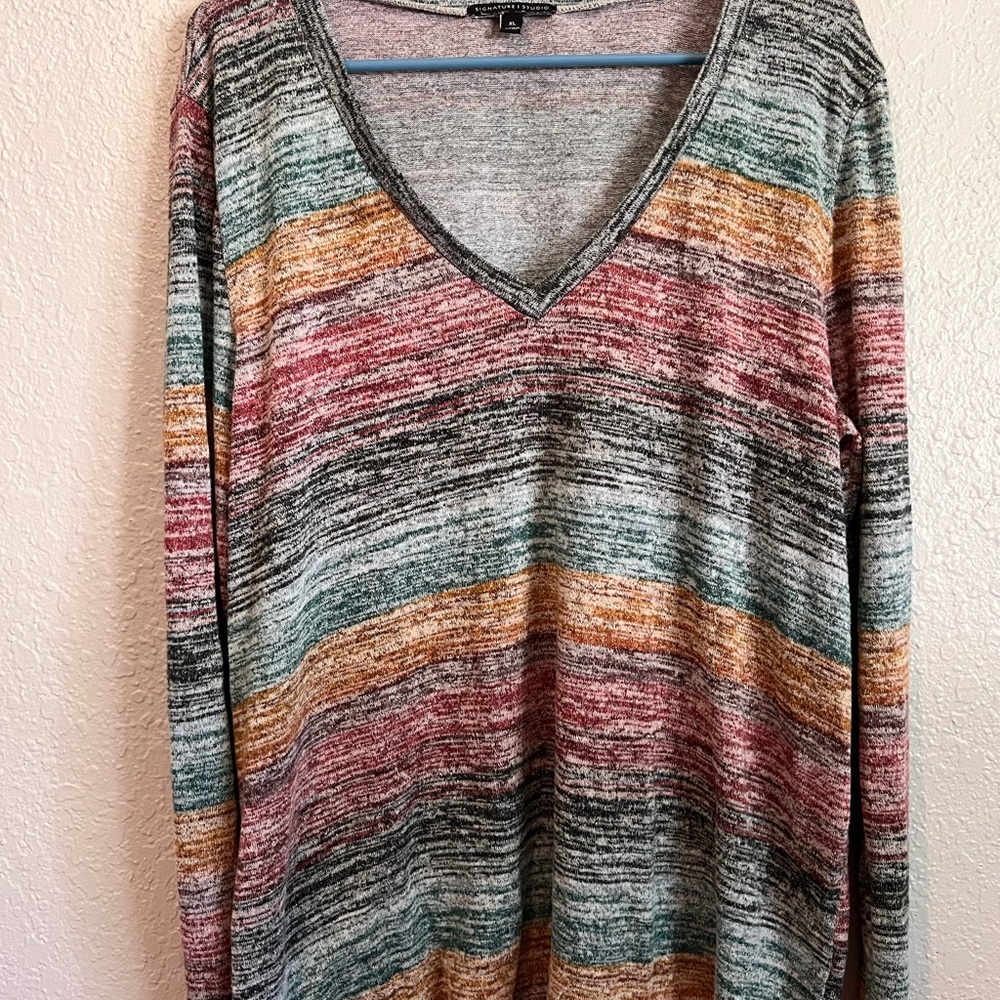 Signature Studio Colorful Striped Long Sleeve Boho Chic Vintage V-Neck Sweater